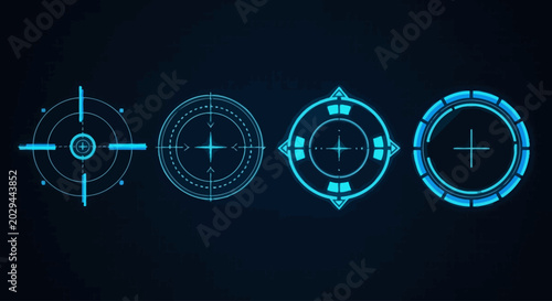 Set of futuristic blue HUD target reticles and crosshairs for gaming interfaces, digital displays, and tactical aiming concepts on a dark background, showcasing advanced UI elements