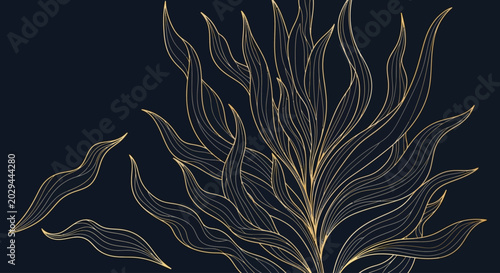 Elegant gold line art seaweed on dark blue background, luxury botanical vector illustration, golden aquatic plants with flowing organic leaves