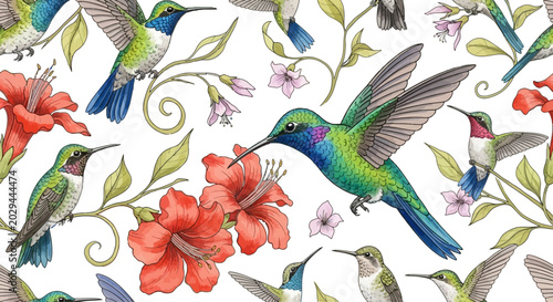 Vintage hummingbird seamless pattern, botanical watercolor illustration with tropical birds and red hibiscus flowers, elegant floral wallpaper vector