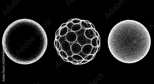 Abstract geometric spheres with stipple texture, futuristic wireframe globes in white on black background, set of 3 3D circular vector elements