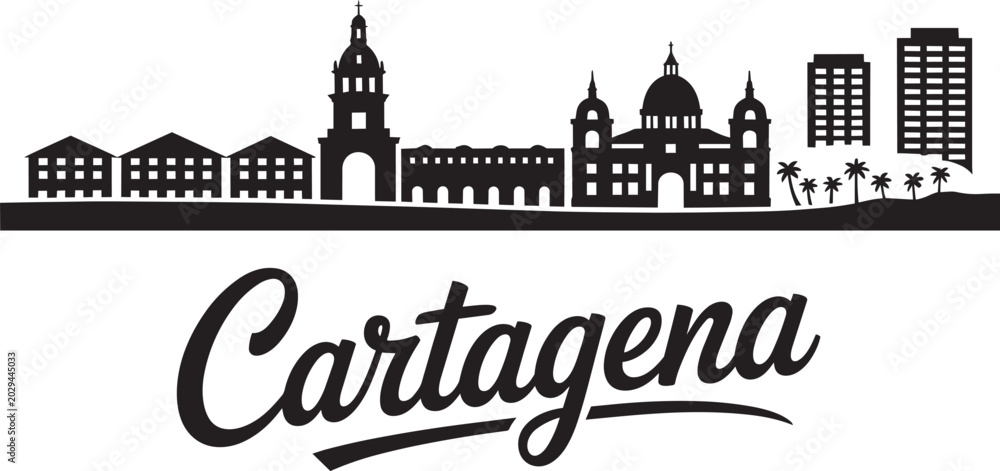 Obraz premium Cartagena cityscape skyline silhouette with prominent historic buildings and modern high-rises, featuring palm trees and black and white in outline