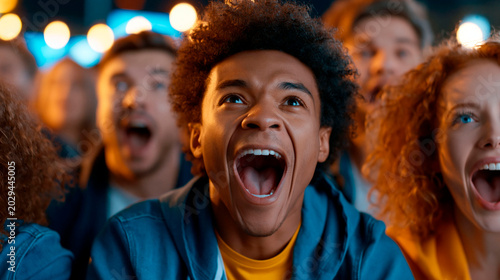 Excited multiracial football fans cheering during live match, emotional crowd reaction to sports event, celebration and championship entertainment concept