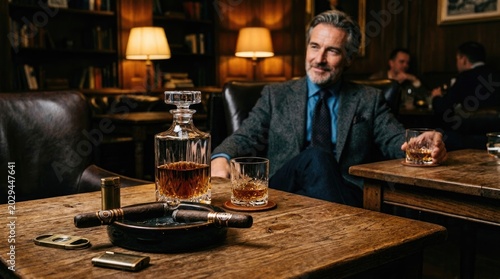 A mature man sits at a wooden table in a dimly lit, luxurious library. He is dressed in a grey suit and tie, holding a glass of whiskey and a cigar.