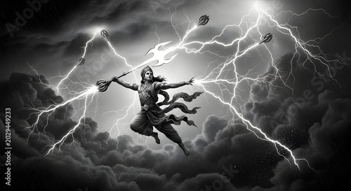 Hindu God Shiva Wielding Trident and Summoning Lightning in Stormy Dark Sky, Depicting Divine Power and Ancient Mythology