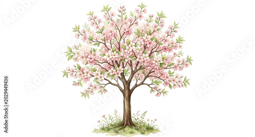 Vector watercolor blooming flower trees and forest side view collection for spring landscape, garden design, botanical illustration, architecture elements