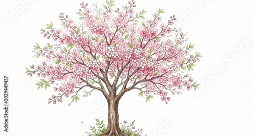 Vector watercolor blooming flower trees and forest side view collection for spring landscape, garden design, botanical illustration, architecture elements