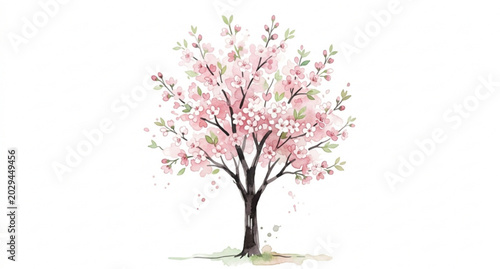 Vector watercolor blooming flower trees and forest side view collection for spring landscape, garden design, botanical illustration, architecture elements