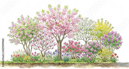 Vector watercolor blooming flower trees and forest side view collection for spring landscape, garden design, botanical illustration, architecture elements