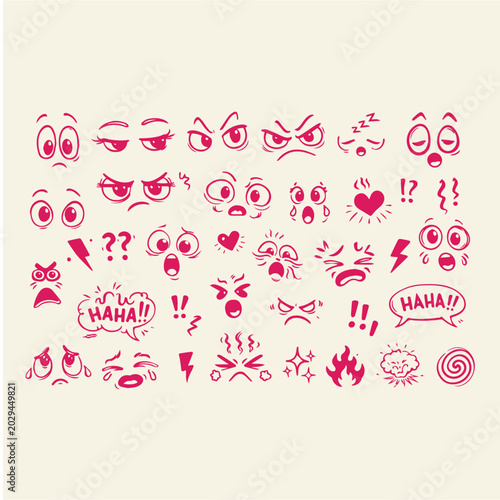 Canvastavla Retro cartoon facial expressions and comic icons set, hand drawn pink doodle eye