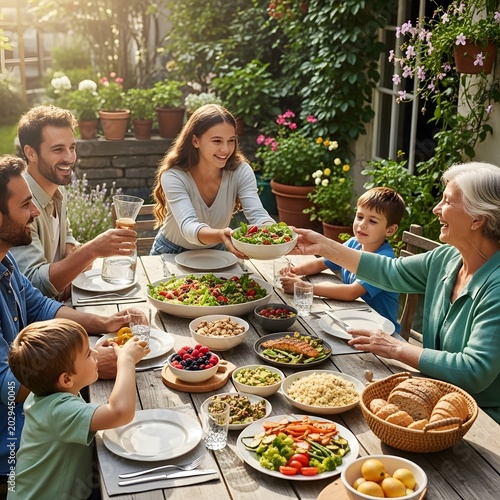 Happy Multi-Generational Family Sharing a Healthy Summer Meal Together on Outdoor Patio