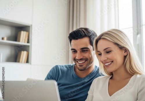Happy young couple sitting on the couch at home looking at a laptop screen together