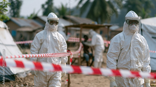 Medical Responders in Hazmat Suits: Two individuals clad in protective hazmat suits and face shields stand alert amidst a makeshift medical camp, with caution tape cordoning off the area.