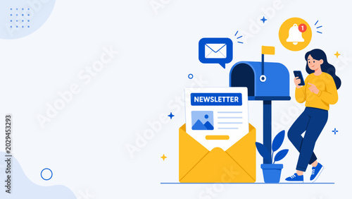 Foto Newsletter Delivery: A woman checks her phone beside a mailbox overflowing with a newsletter, symbolizing communication and information exchange