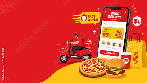 Mobile Food Delivery Service: A vibrant illustration depicts a food delivery driver on a scooter, a smartphone showcasing a food delivery app.