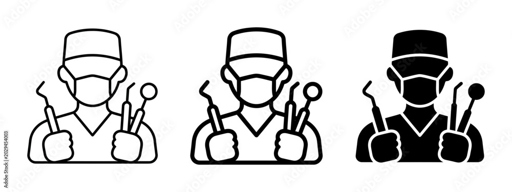 Fototapeta premium Dentist Icons, Dental Professional Set, Oral Care Tools, Medical Staff Vector Graphics