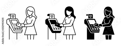 Payment Transaction Icons, Woman Using Credit Card Terminal, Retail POS System, E-commerce Checkout