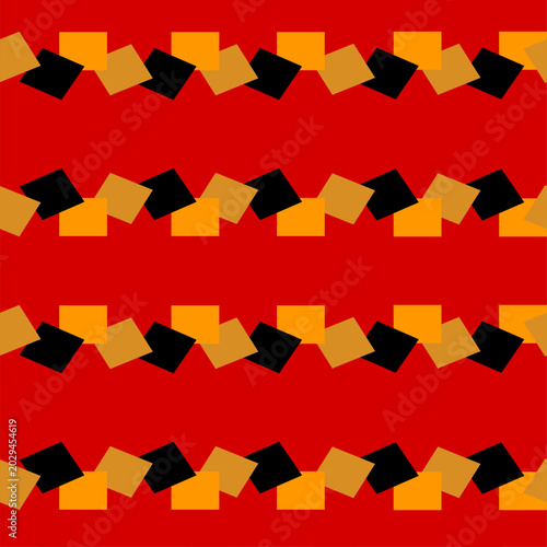 abstract squares of orange, brown and black rectangle block overlap horizontal strip seamless repeat pattern on red background, replete patter image design for fabric printing or wallpaper or wrap