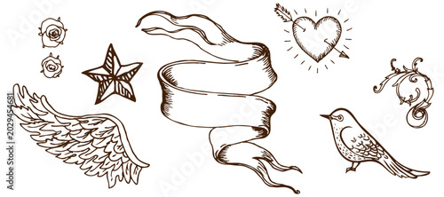 Fotografía Vintage hand drawn ribbon wing bird and heart sketch decorative elements set