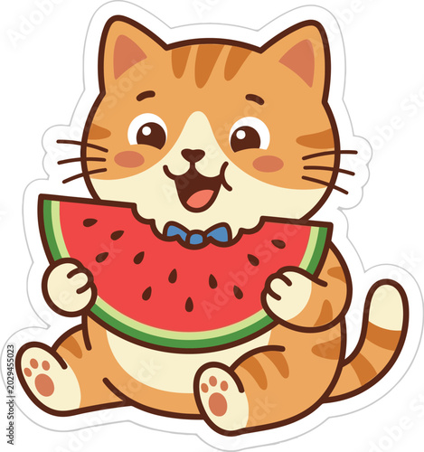 Cartoon cat happily holds and eats a slice of watermelon outdoors