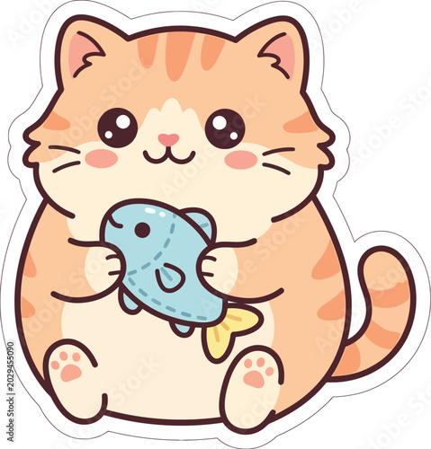 A cute cartoon cat holds a toy fish.