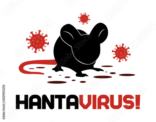 Canvas Print The Hantavirus logotype with the black rodent, its droppings, and virus cells floating around is the virus spread alarm card, an informative poster