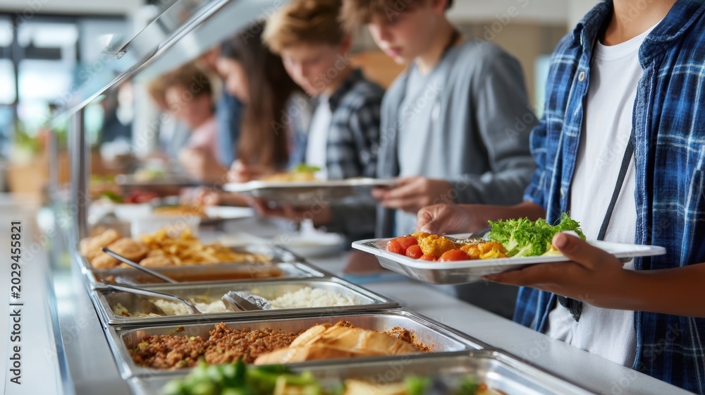 Obraz premium A group of enthusiastic students joyfully holding trays of colorful food in a modern school cafeteria