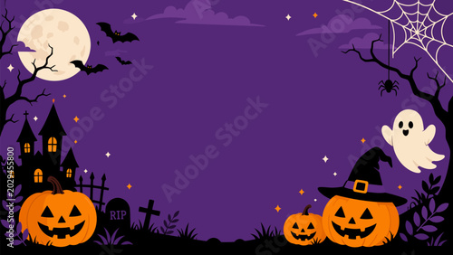 Tableau sur toile Halloween Night Scene: A spooky Halloween night scene unfolds with glowing pumpkins, a haunted castle, and a friendly ghost under a full moon, set against a vibrant purple sky