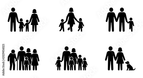 Cuadro en lienzo Diverse Family Silhouettes Collection, Parental Figures with Children and Pets,