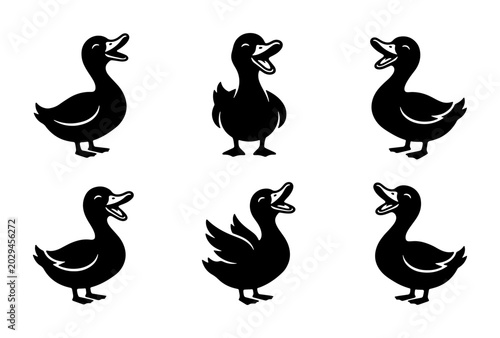 Photos Six Black Duck Silhouettes, Cartoon Style, Isolated Vector Graphics for Wildlife