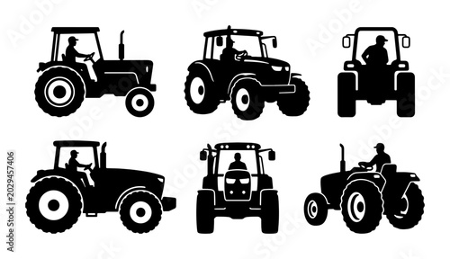 Foto Vector Tractor Silhouettes, Agricultural Machinery Icons, Farm Vehicle Graphics,