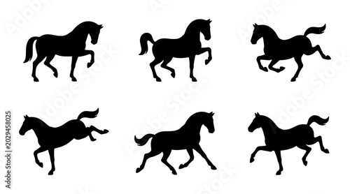 Принти на полотні Six Black Horse Silhouettes, Galloping and Trotting Vector Icons, Equine Animal