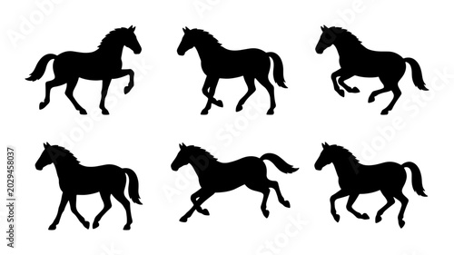 Schilderij op canvas Six Silhouette Horse Vector Icons, Galloping and Standing Equine Poses, Black An