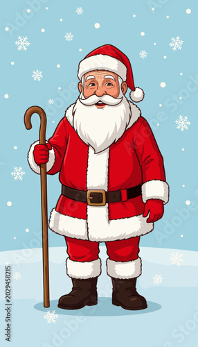 Santa Claus Standing in Snowy Winter Scene, Cartoon Illustration