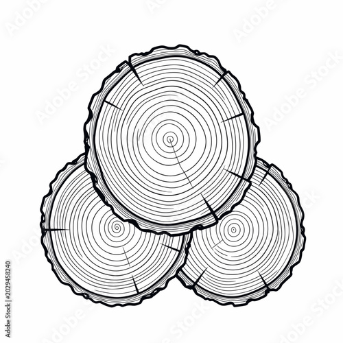 Stacked Tree Trunk Cross Sections in Black and White Line Art Illustration