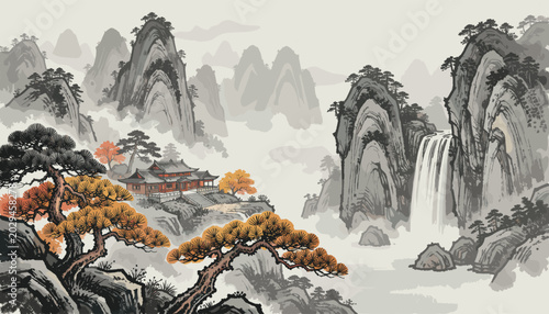 Traditional Chinese Pavilion Nestled among Misty Mountain Peaks and Autumn Trees