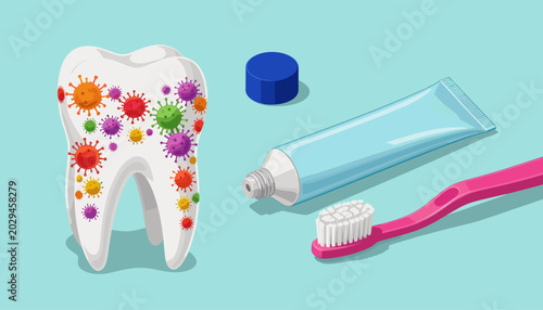 Tooth with Colorful Bacteria Surrounded by Toothbrush and Paste