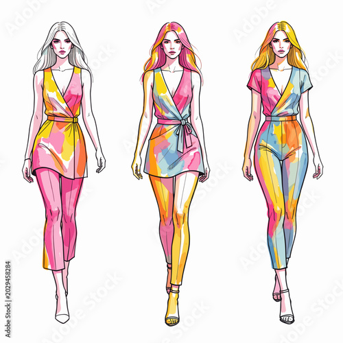 Three Women Modeling Colorful Abstract Fashion Outfits on White Background