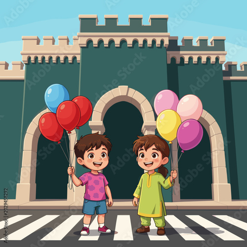 Two Joyful Children Holding Colorful Balloons in Front of Castle Gate