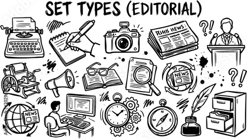 Fotografie Black  White Line Art Doodle Icons Set for Journalism, News, Editorial, and Media Communication