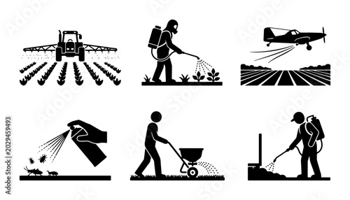 Foto Agricultural Spraying and Pest Control Icons: Tractor, Aerial Crop Dusting, Manu