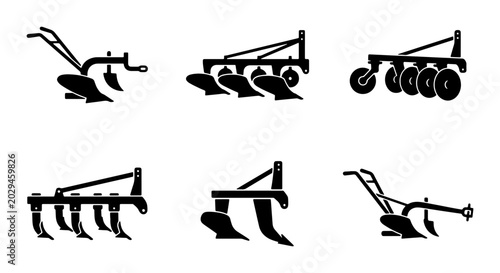 Foto Agricultural Plows Collection, Farming Equipment Icons, Tillage Machinery Vector