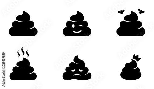 Cuadro en lienzo Set of 6 Black Poop Icons, Vector Graphics, Expressive Emoji Faces, Funny Symbol