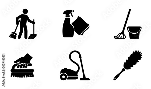 Canvastavla Cleaning Icons Set: Broom, Spray Bottle, Mop, Vacuum, Duster, Brush for Home and