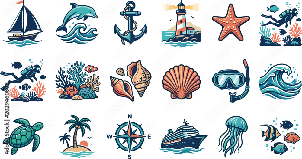 Fototapeta premium Nautical marine life and ocean adventure vector icon collection with sailing boat lighthouse scuba diver coral reef and sea animals