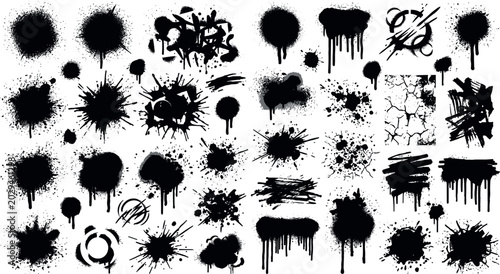 Εκτύπωση καμβά Black Grunge Spray Paint Splatter Collection with Ink Drips Abstract Urban Textu