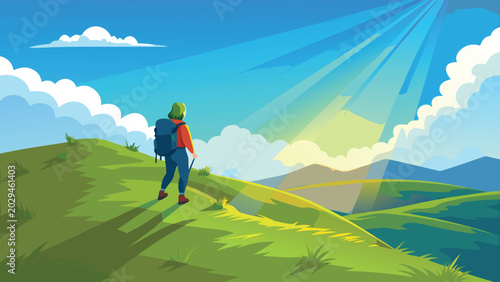 Hiker Standing On Green Hilltop Looking Over Sunlit Mountain Landscape At Dawn Adventure