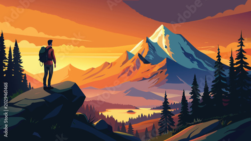 Hiker Standing on Cliff Overlooking Majestic Mountain Lake at Sunset — Outdoor Adventure and Freedom