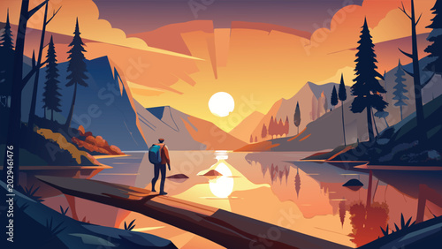 Solo Hiker Standing on a Log at Mountain Lake Sunset Reflecting Peaks and Forest Scenery