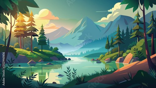 Tranquil Mountain Lake at Sunrise With Pine Forest, Misty Peaks and Reflective Water Landscape Illustration