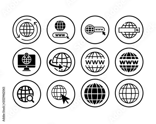 website icon set, Website web browser internet globe icon set collection featuring minimalist linear world wide web network communication symbols for digital marketing corporate branding and app user 